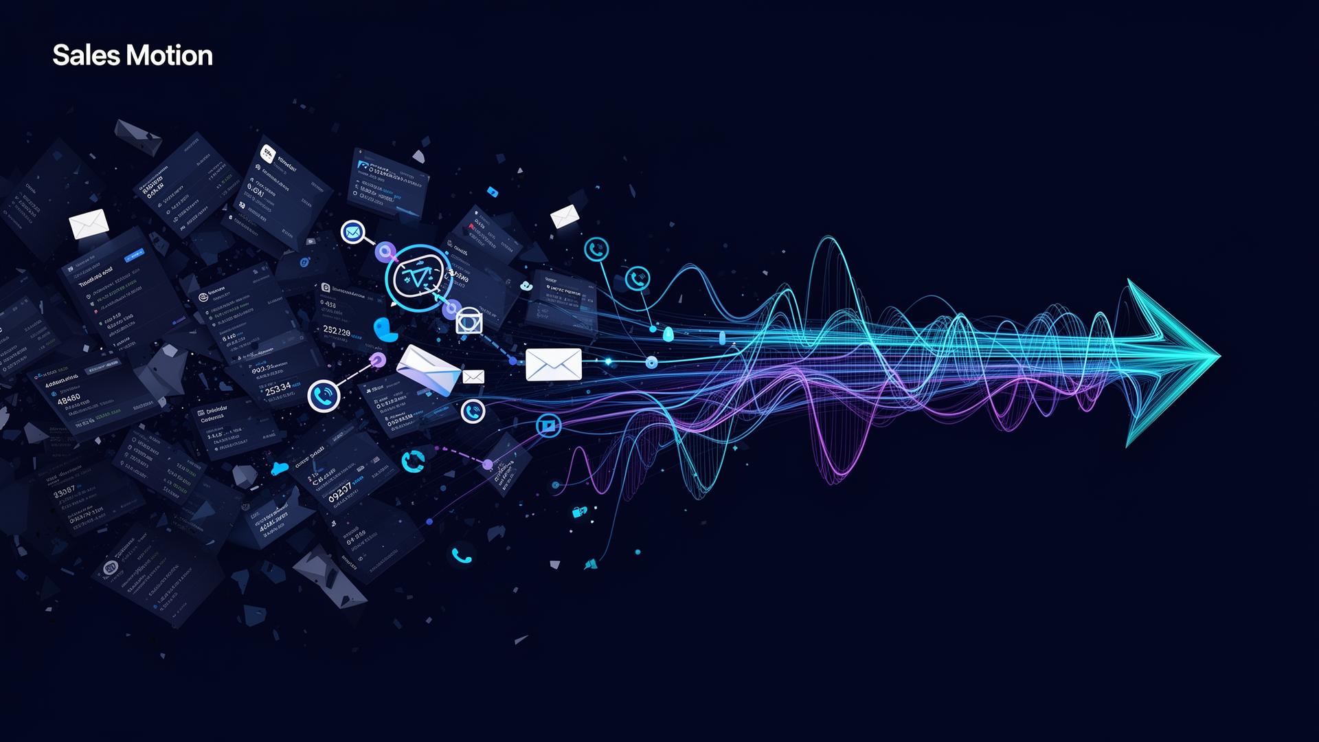 Abstract map of scattered sales signals converging into one forward motion path